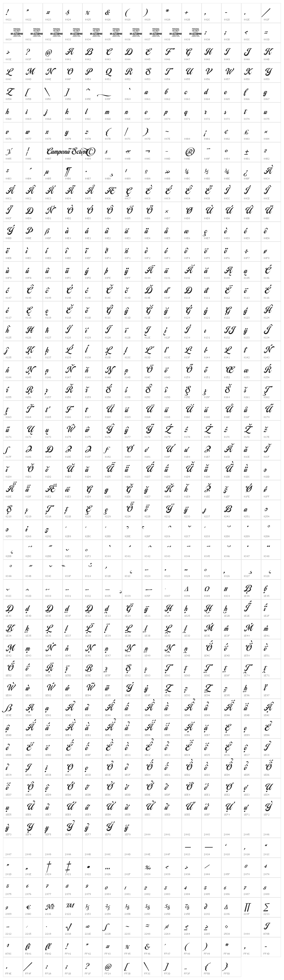 Campana Script PERSONAL USE Regular Character Map