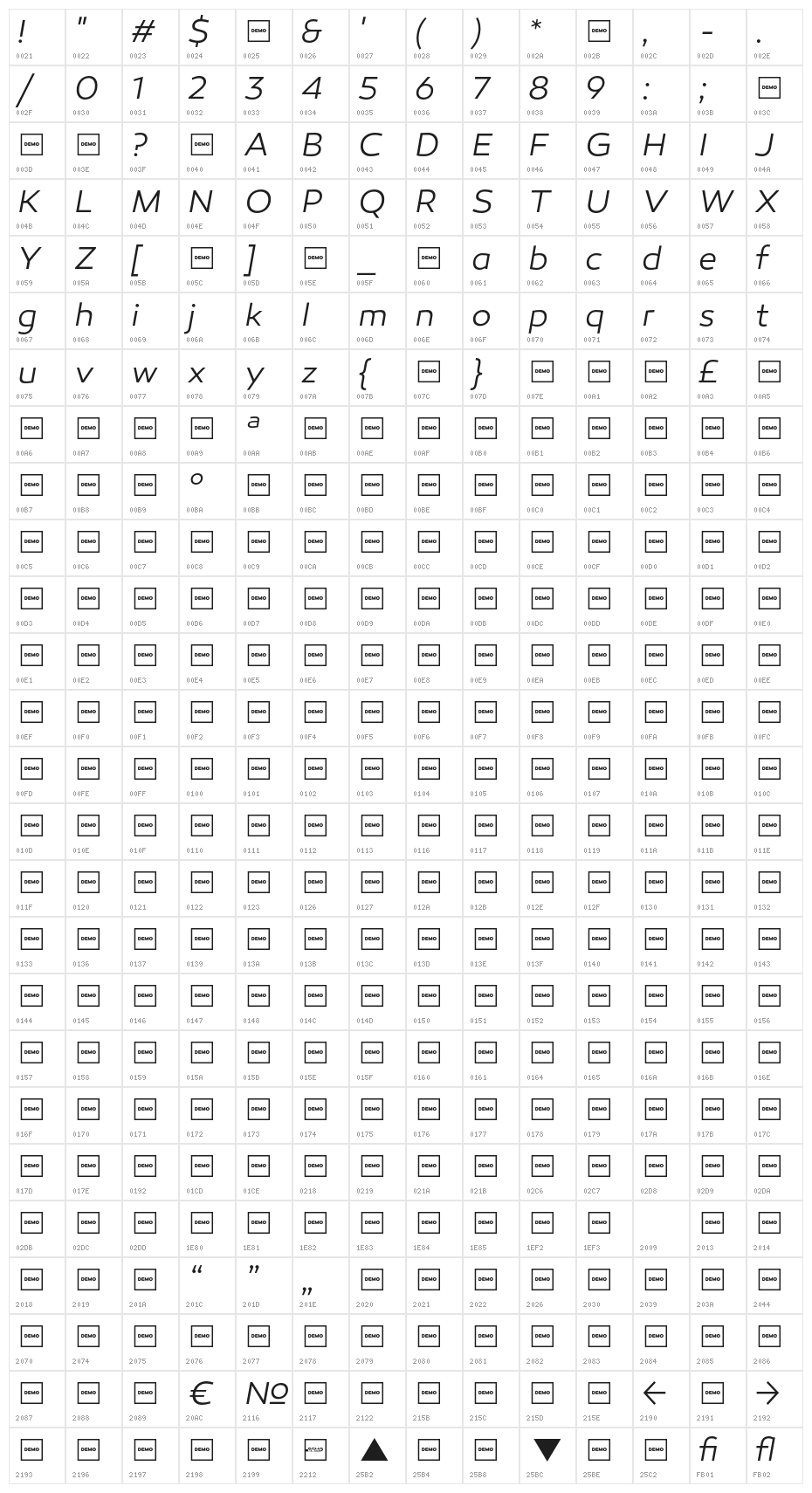 Canaro Light Italic DEMO Character Map