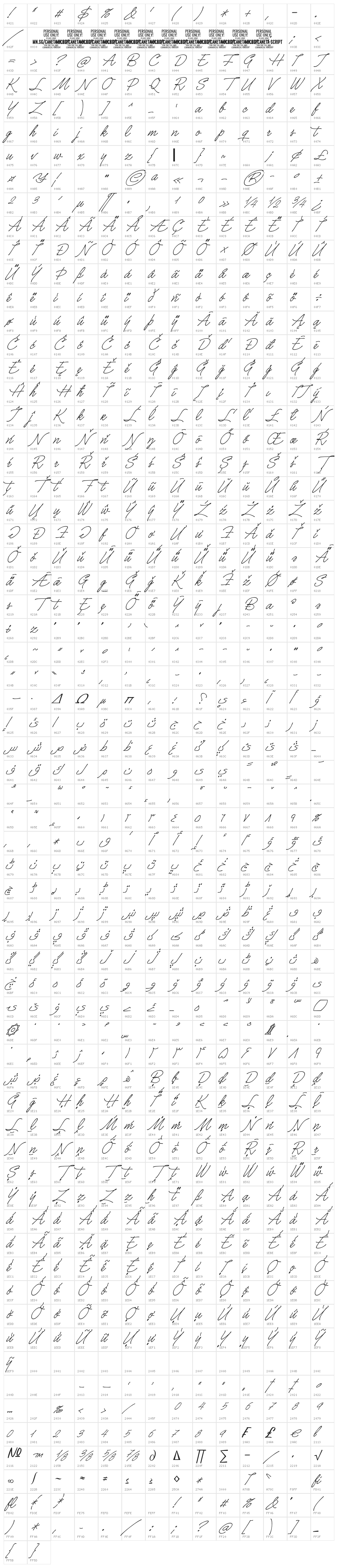 Caneta Script PERSONAL USE Regular Character Map