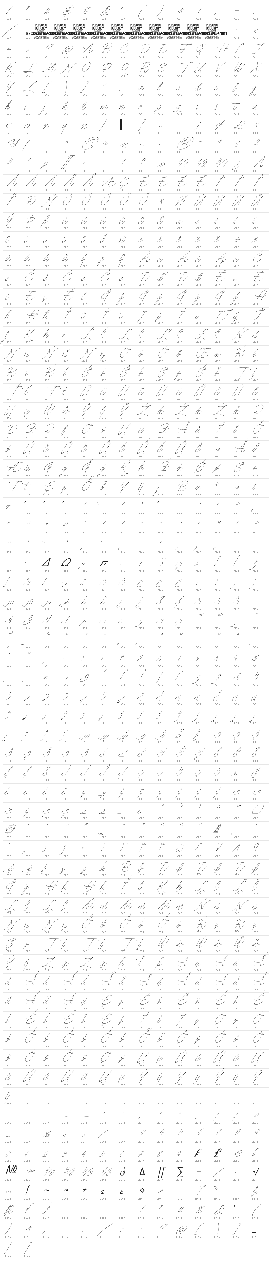 Caneta Script PERSONAL USE Thin Character Map