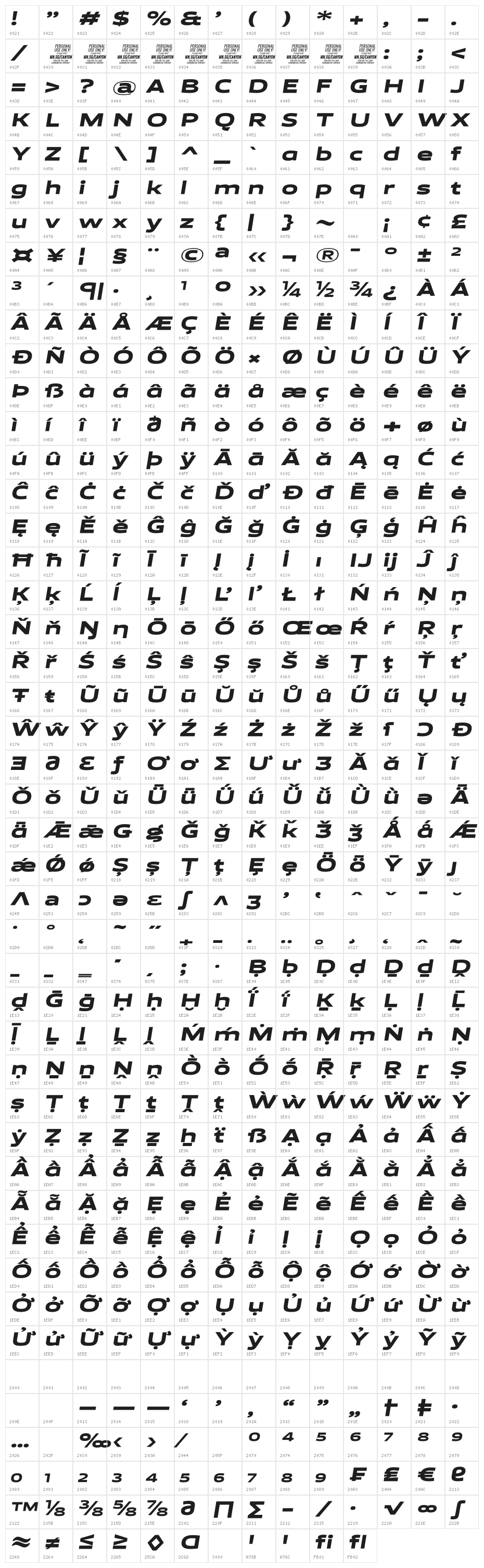 Canyon PERSONAL USE ONLY Black Italic Character Map
