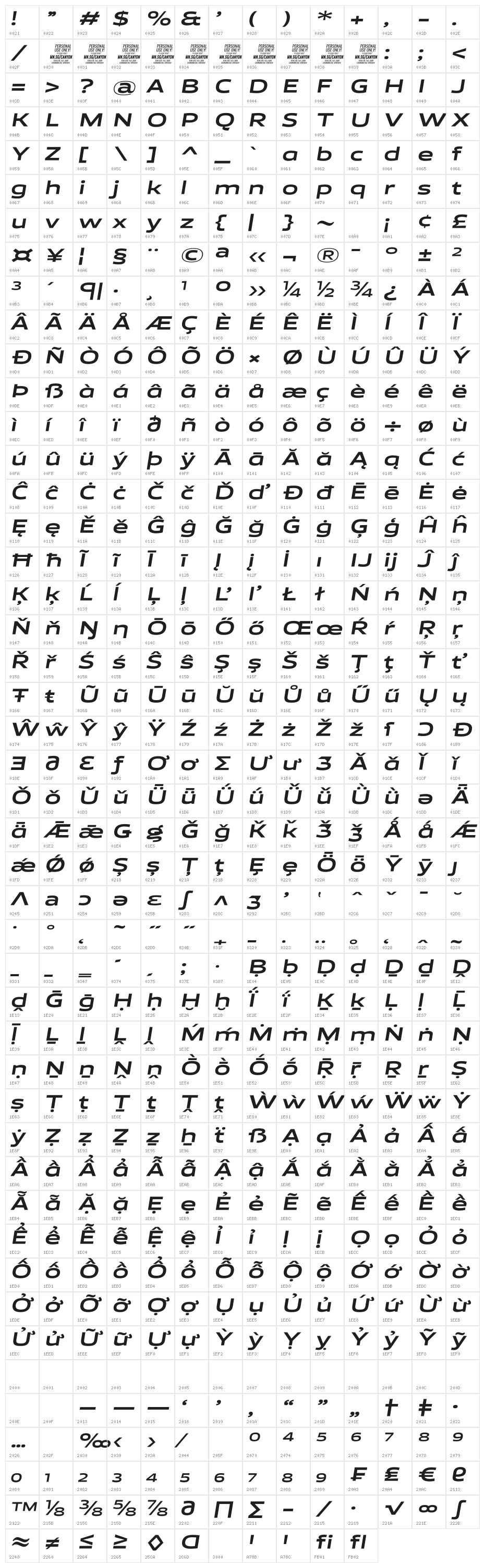 Canyon PERSONAL USE ONLY Bold Italic Character Map