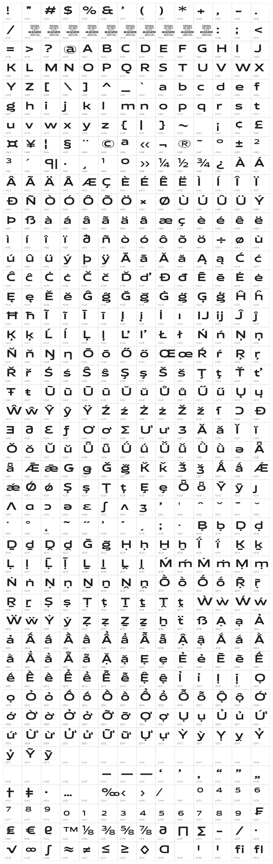 Canyon PERSONAL USE ONLY Bold Character Map