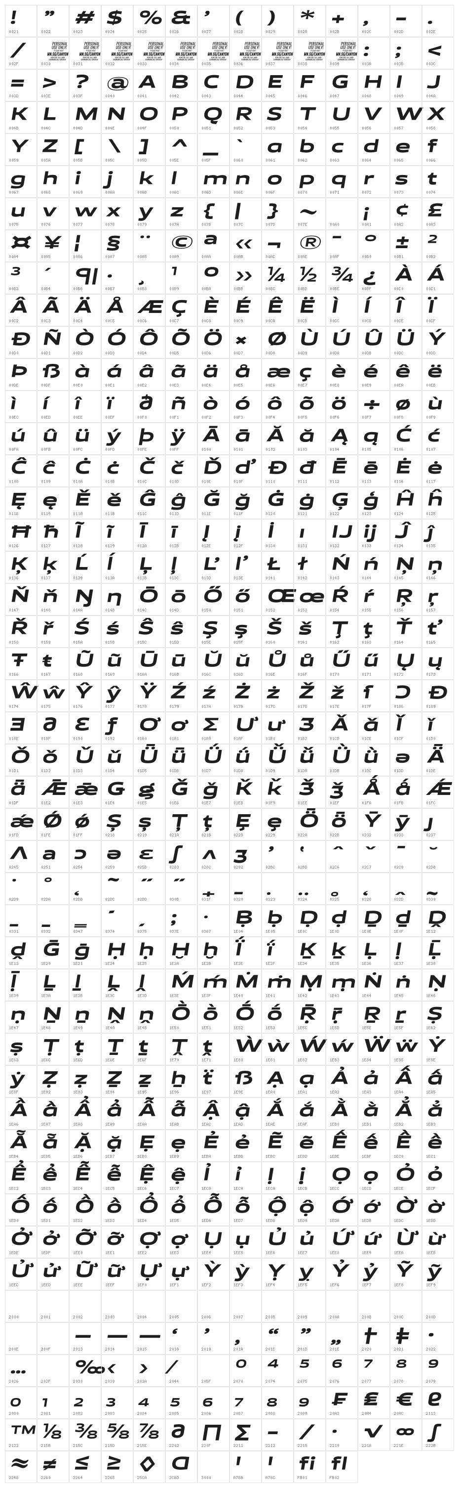 Canyon PERSONAL USE ONLY ExtraBold Italic Character Map