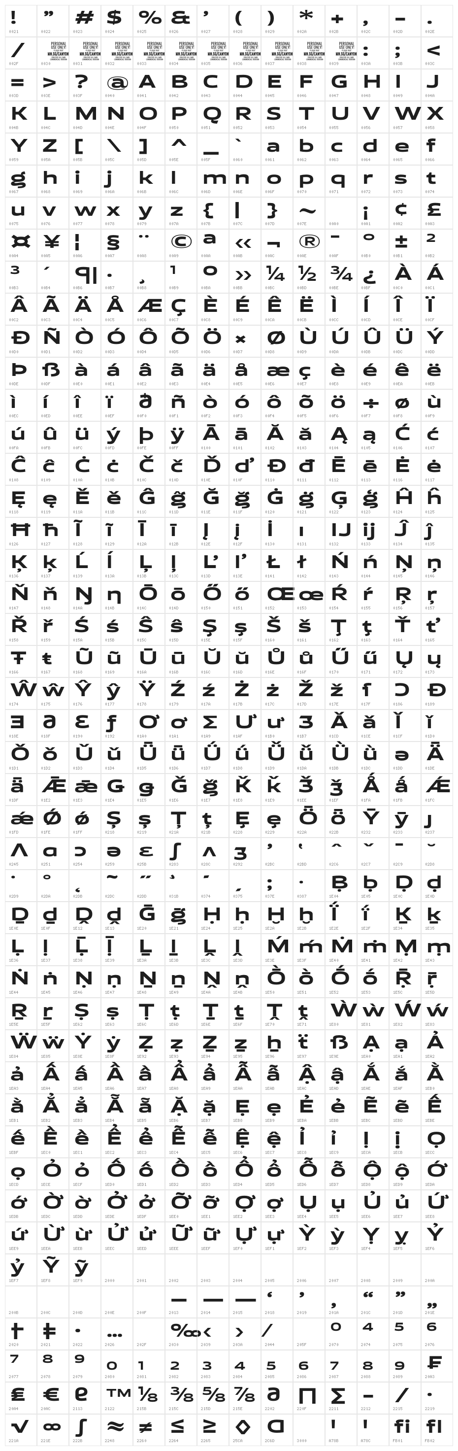 Canyon PERSONAL USE ONLY ExtraBold Character Map