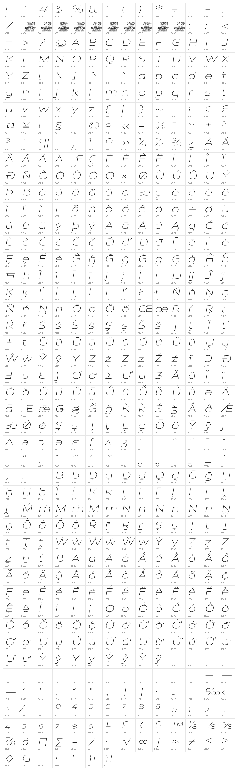 Canyon PERSONAL USE ONLY ExtraLight Italic Character Map