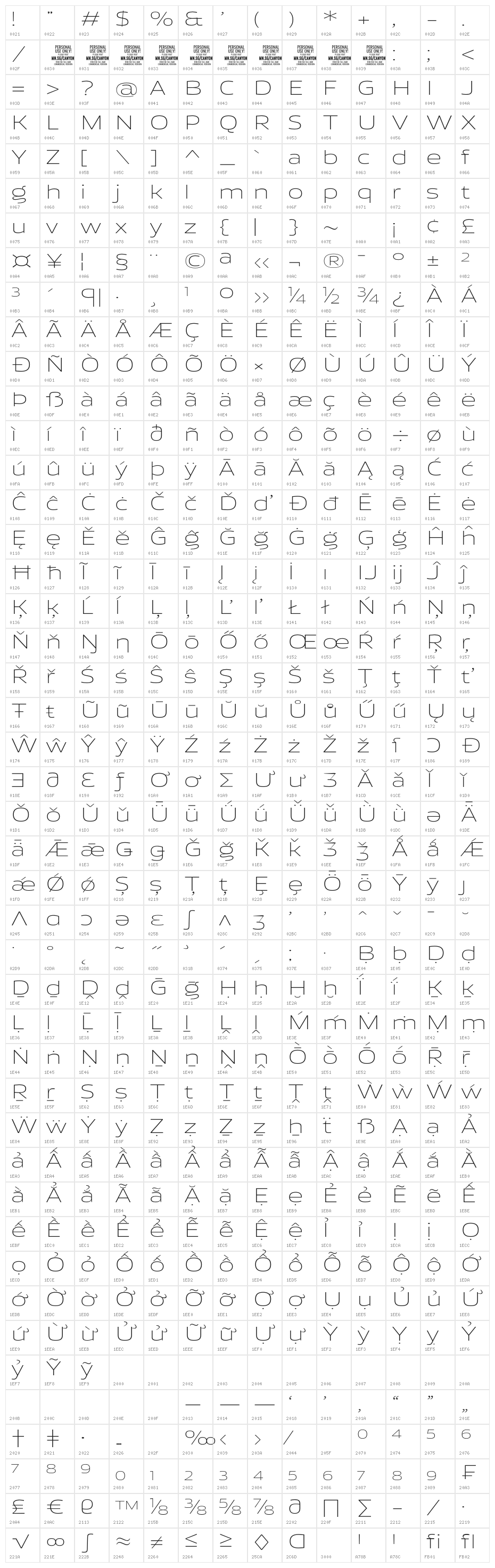 Canyon PERSONAL USE ONLY ExtraLight Character Map