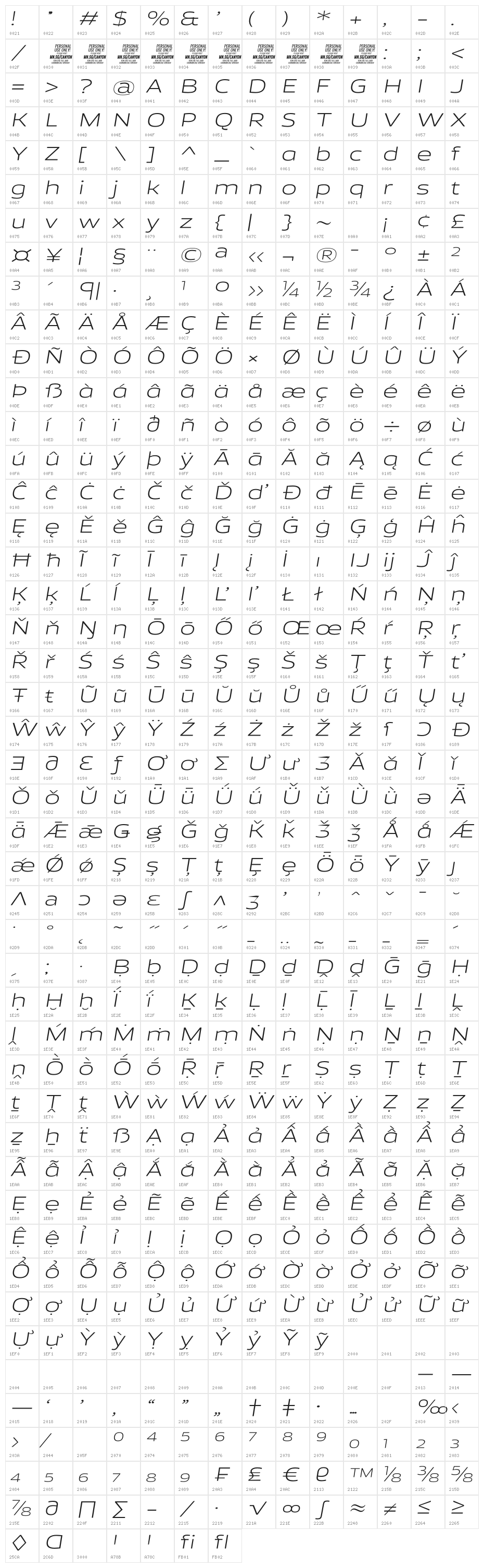Canyon PERSONAL USE ONLY Light Italic Character Map