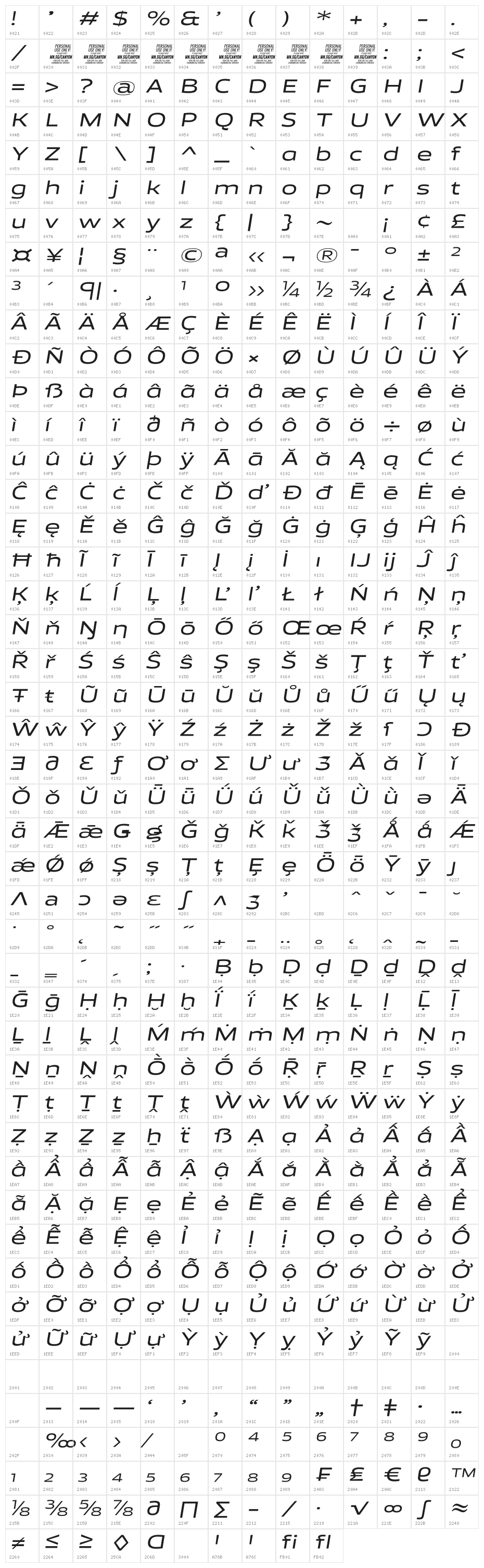 Canyon PERSONAL USE ONLY Medium Italic Character Map