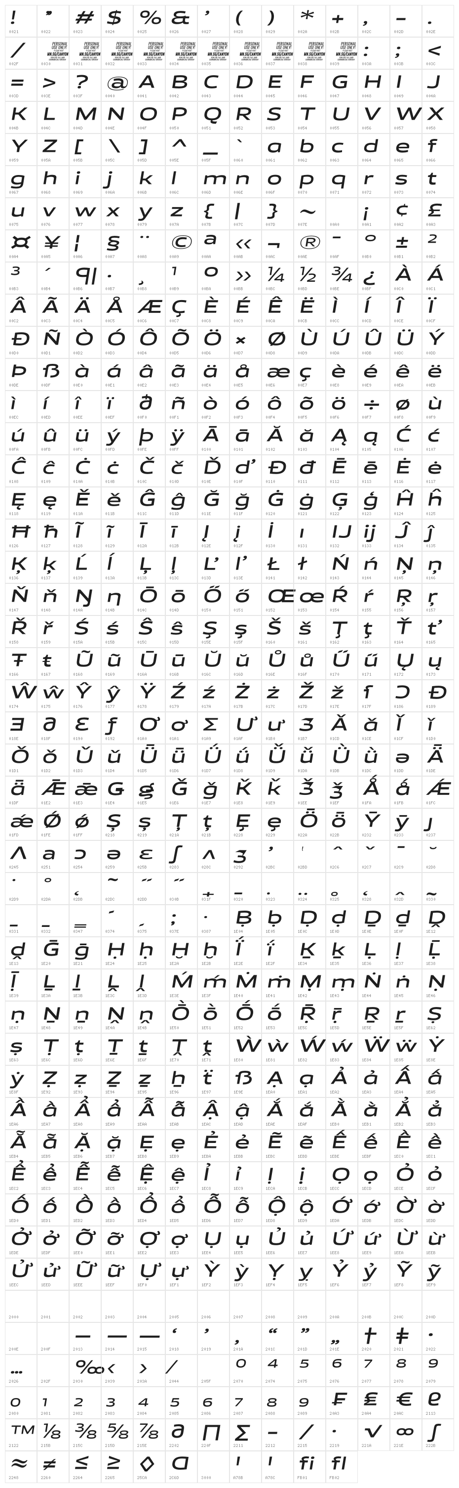 Canyon PERSONAL USE ONLY SemiBold Italic Character Map