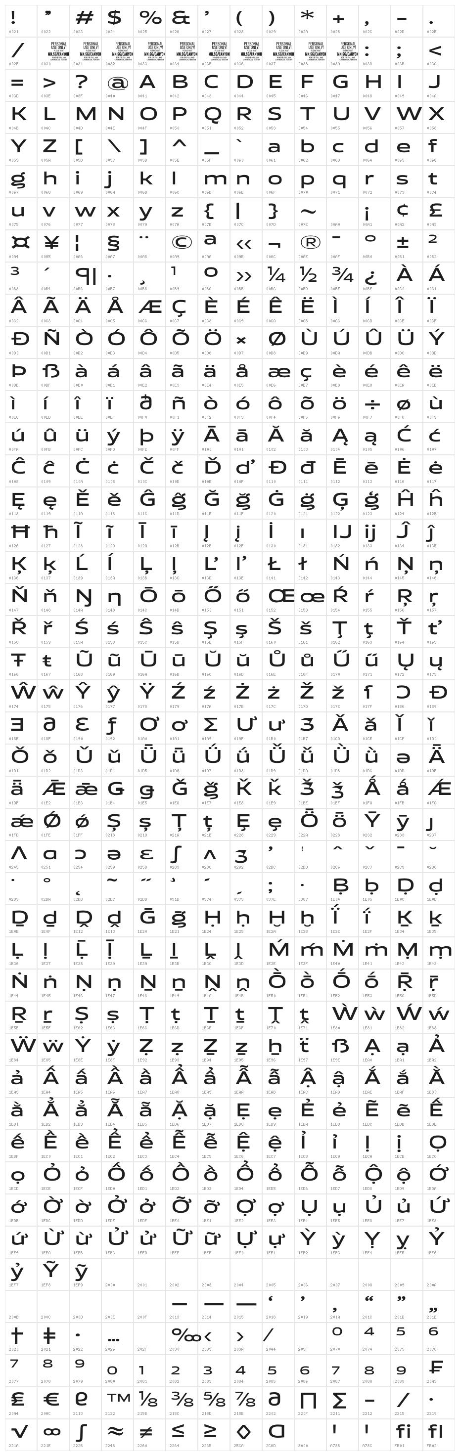Canyon PERSONAL USE ONLY SemiBold Character Map