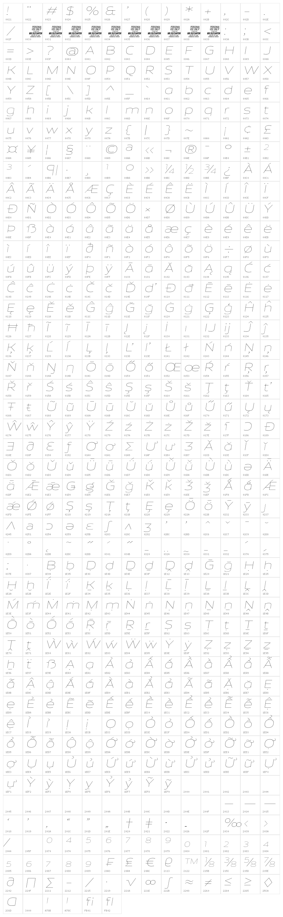 Canyon PERSONAL USE ONLY Thin Italic Character Map