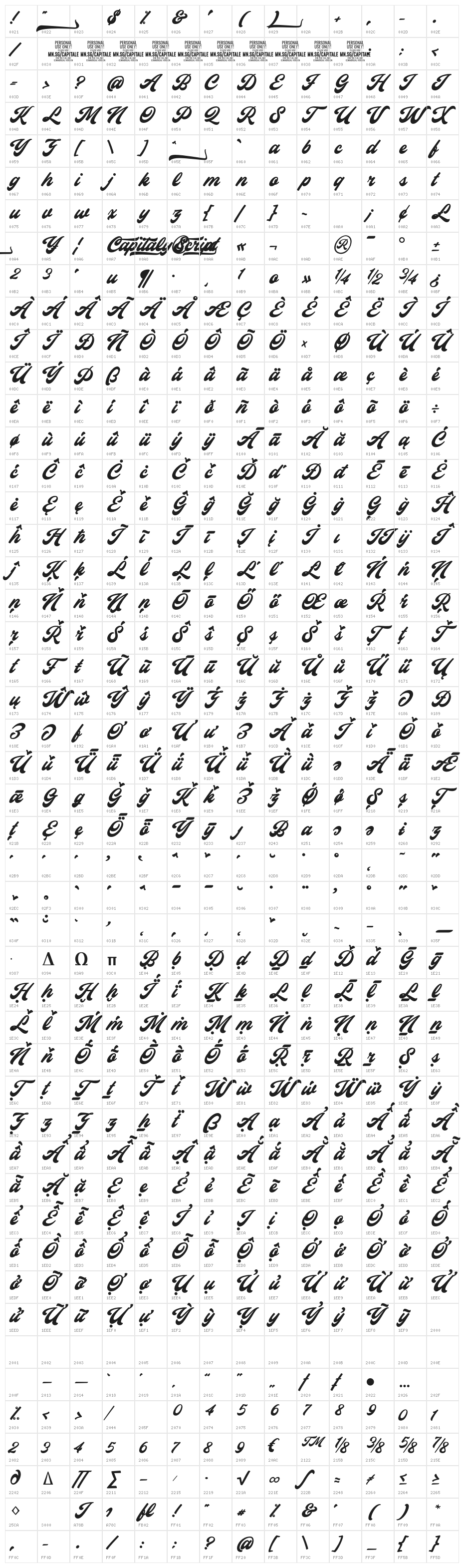 Capitaly Script PERSONAL USE Regular Character Map