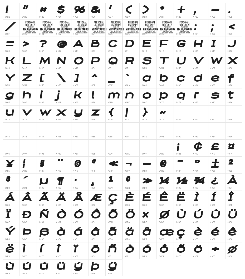 Capoon PERSONAL USE Black Italic Character Map