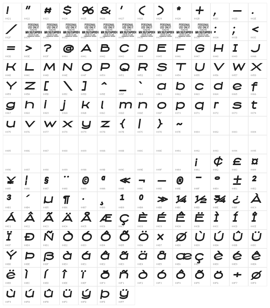 Capoon PERSONAL USE Bold Italic Character Map