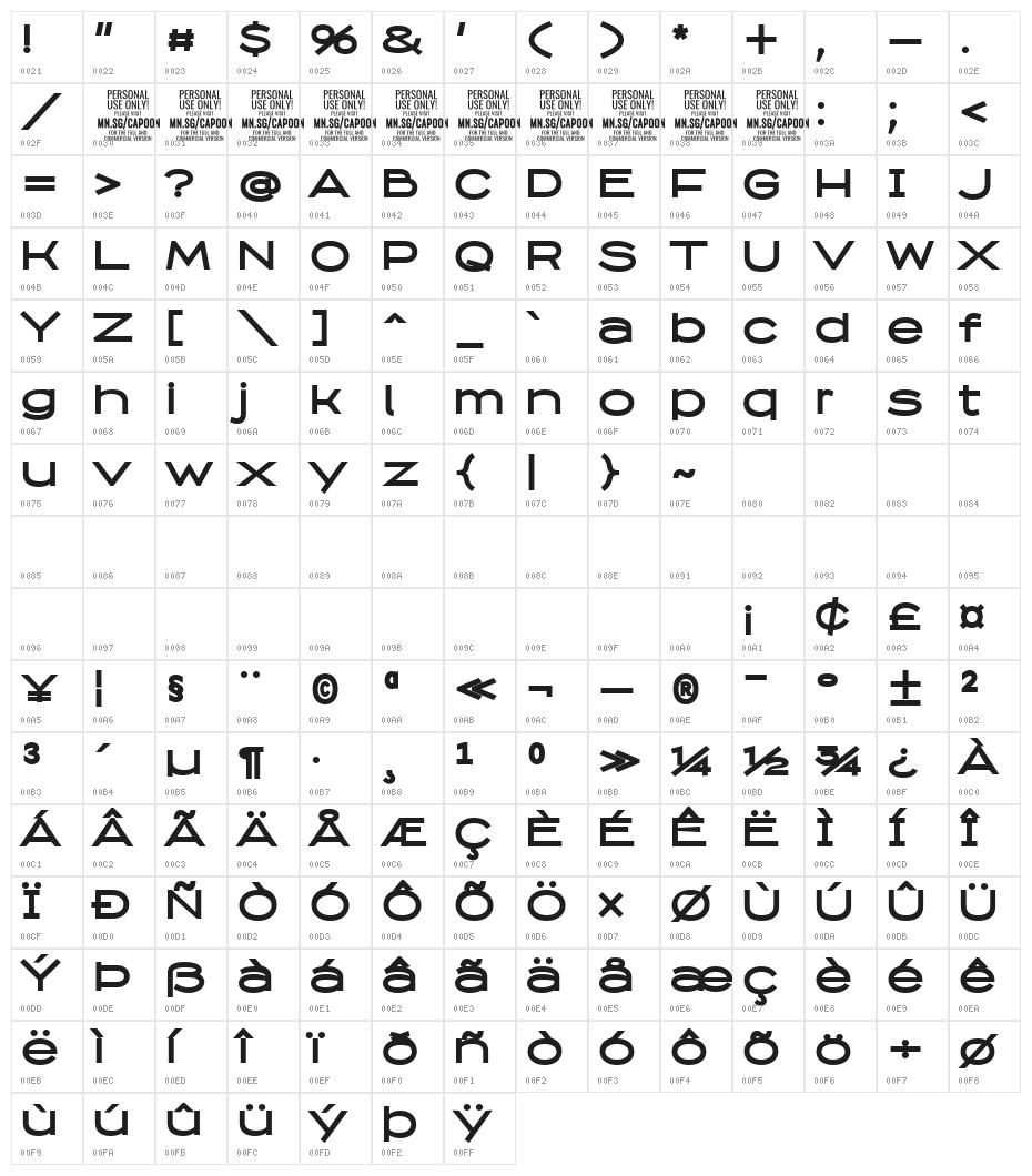 Capoon PERSONAL USE Bold Character Map