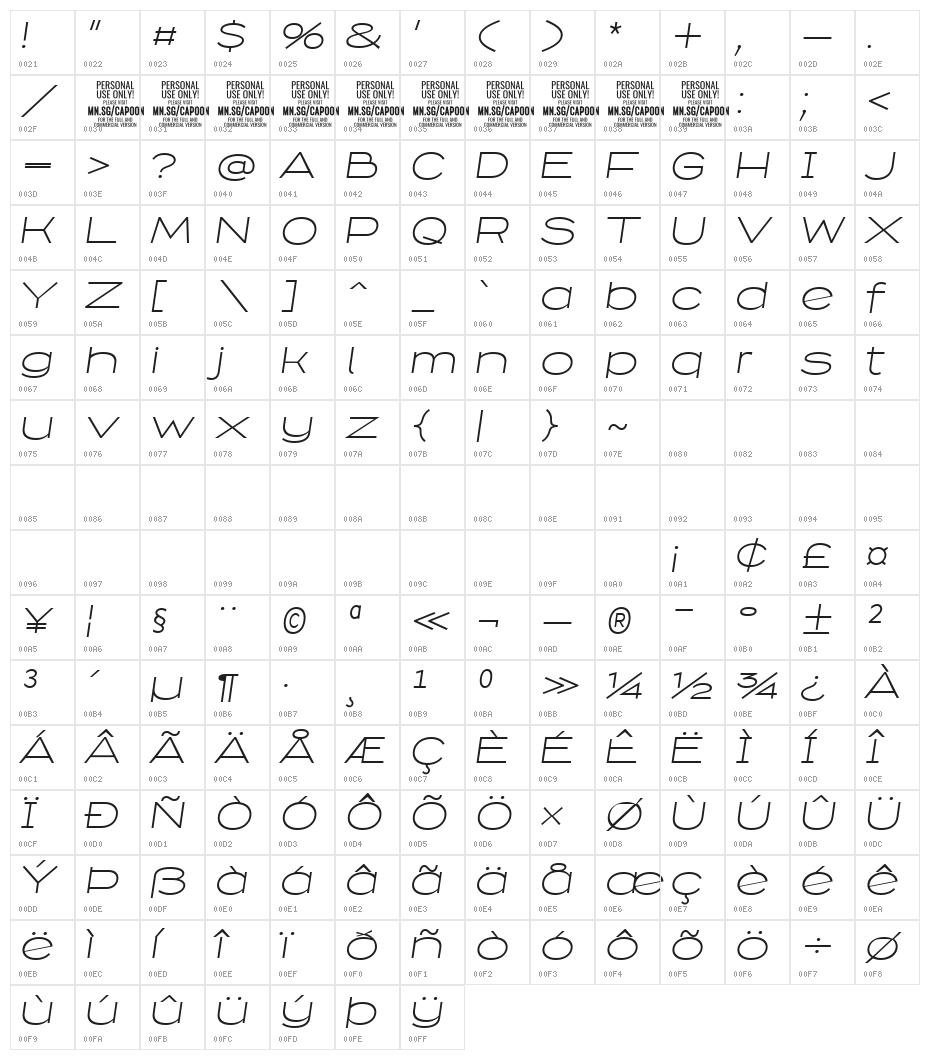 Capoon PERSONAL USE Light Italic Character Map