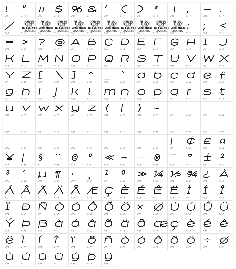 Capoon PERSONAL USE Medium Italic Character Map