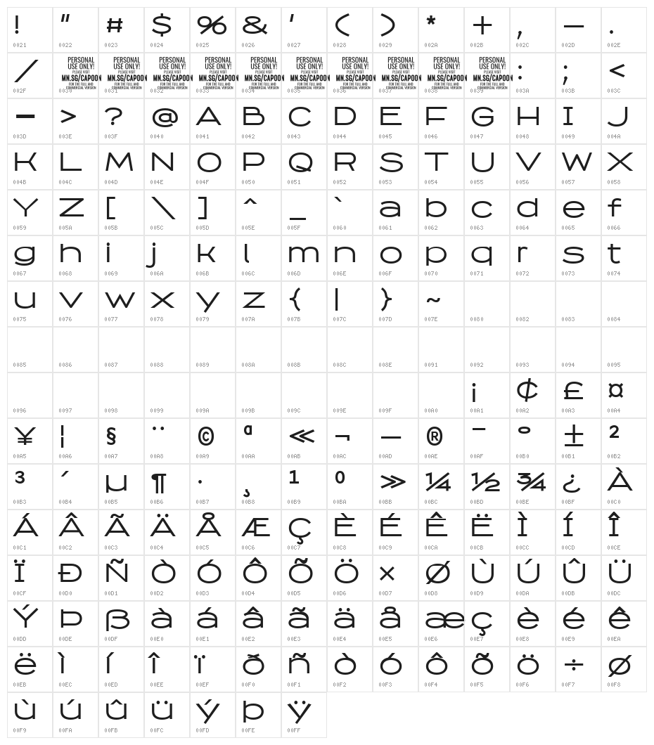 Capoon PERSONAL USE Medium Character Map