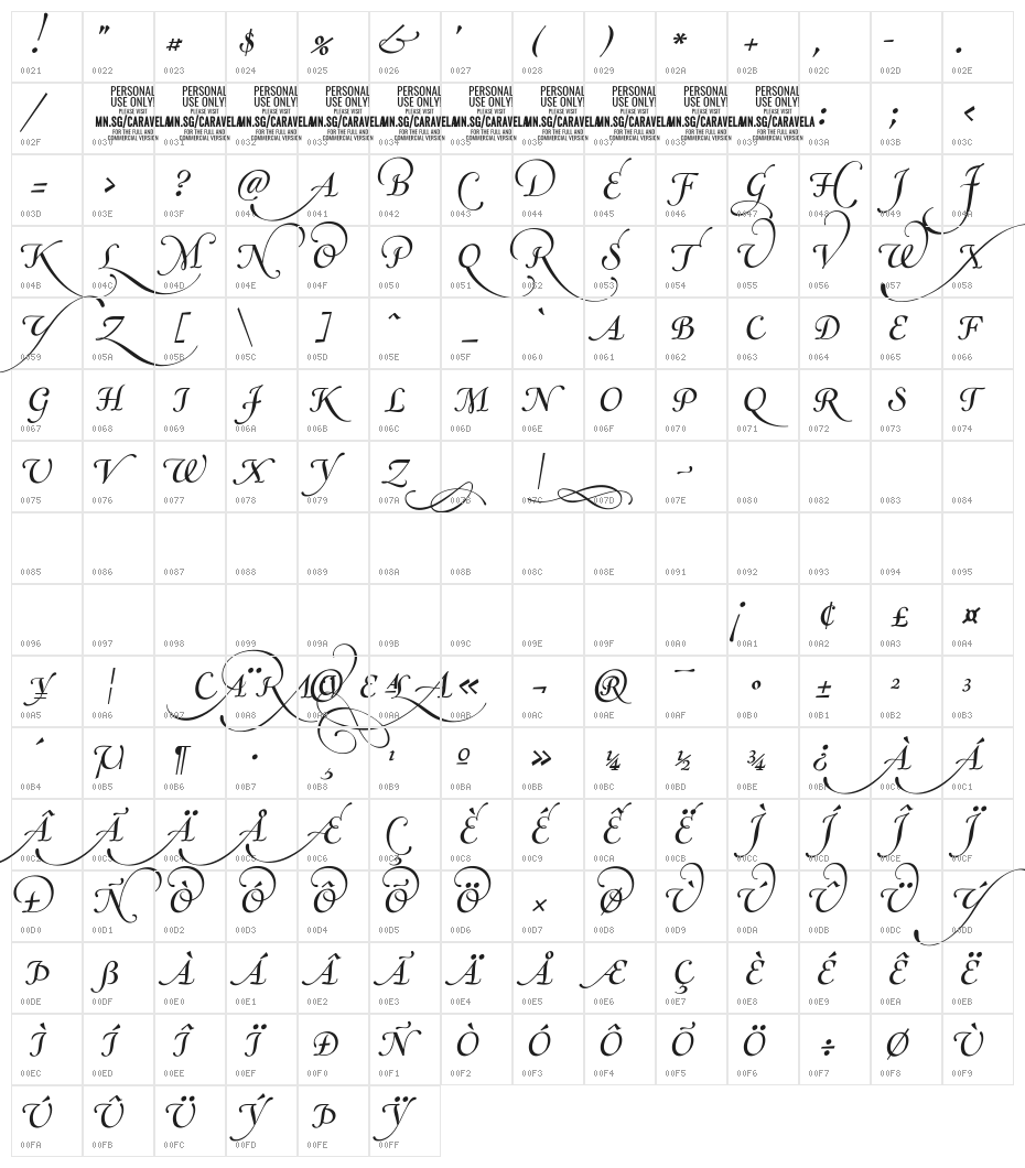 Caravela PERSONAL USE ONLY Character Map