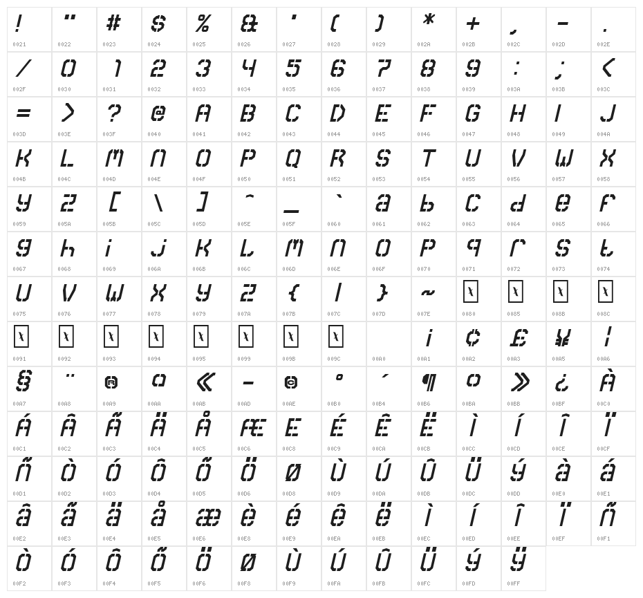 Carbon Mono Italic Character Map