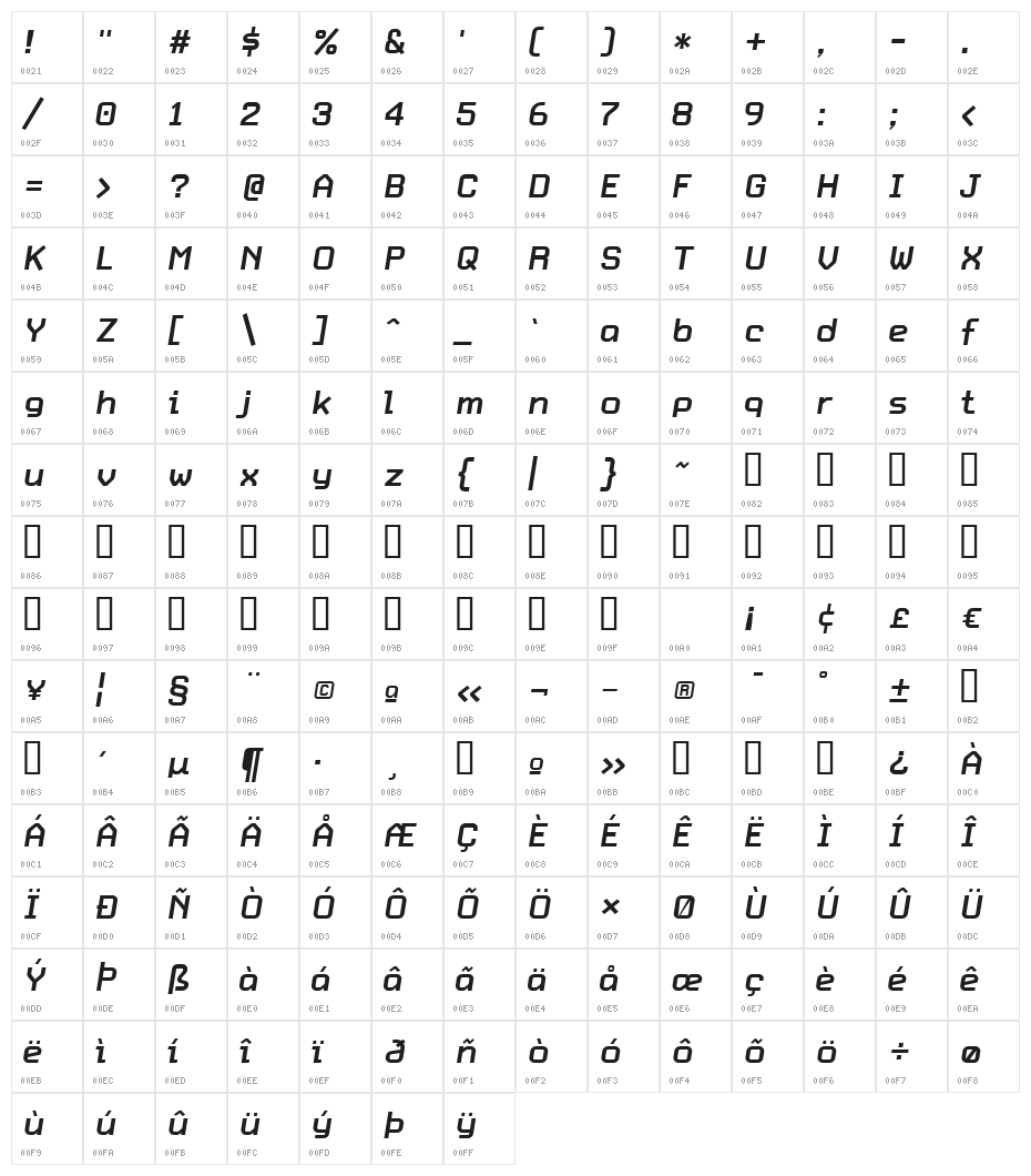 CarbonBold Italic W00 Regular Character Map