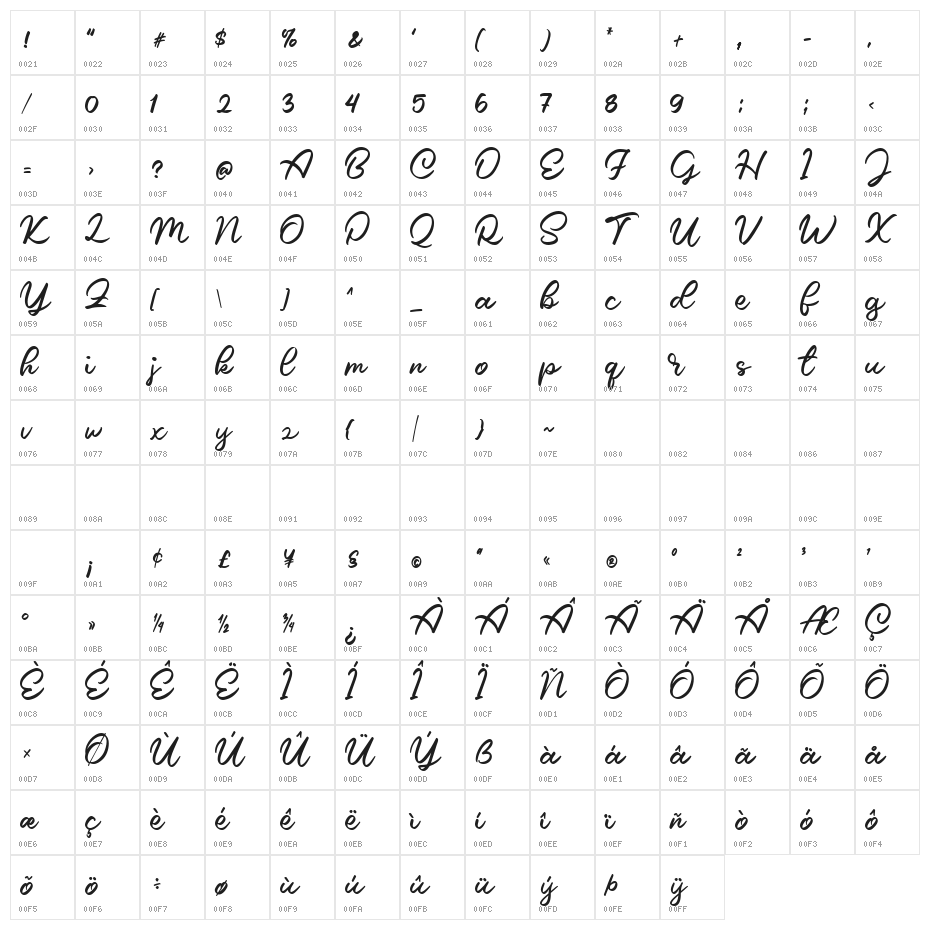 Caride Script Regular Character Map