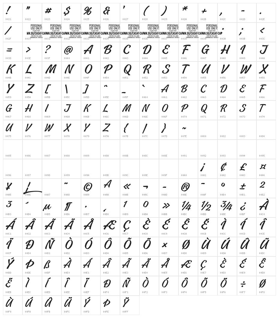 Casat Cap Light PERSONAL USE Character Map