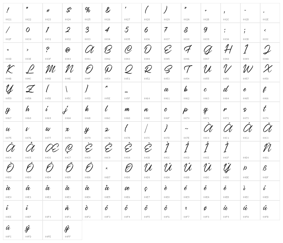 Casira Script Regular Character Map