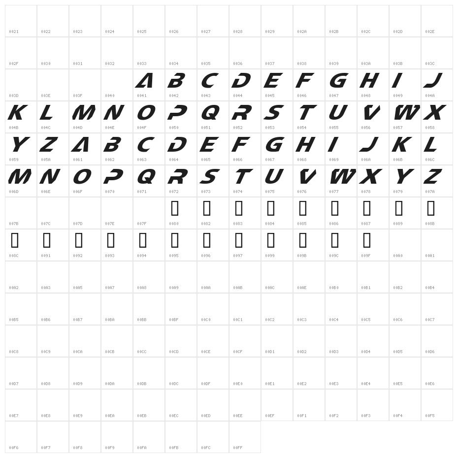 CF TechnoMania Slanted Character Map