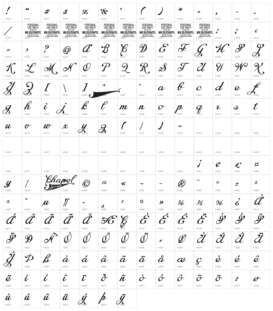 Chapel Script PERSONAL USE Character Map