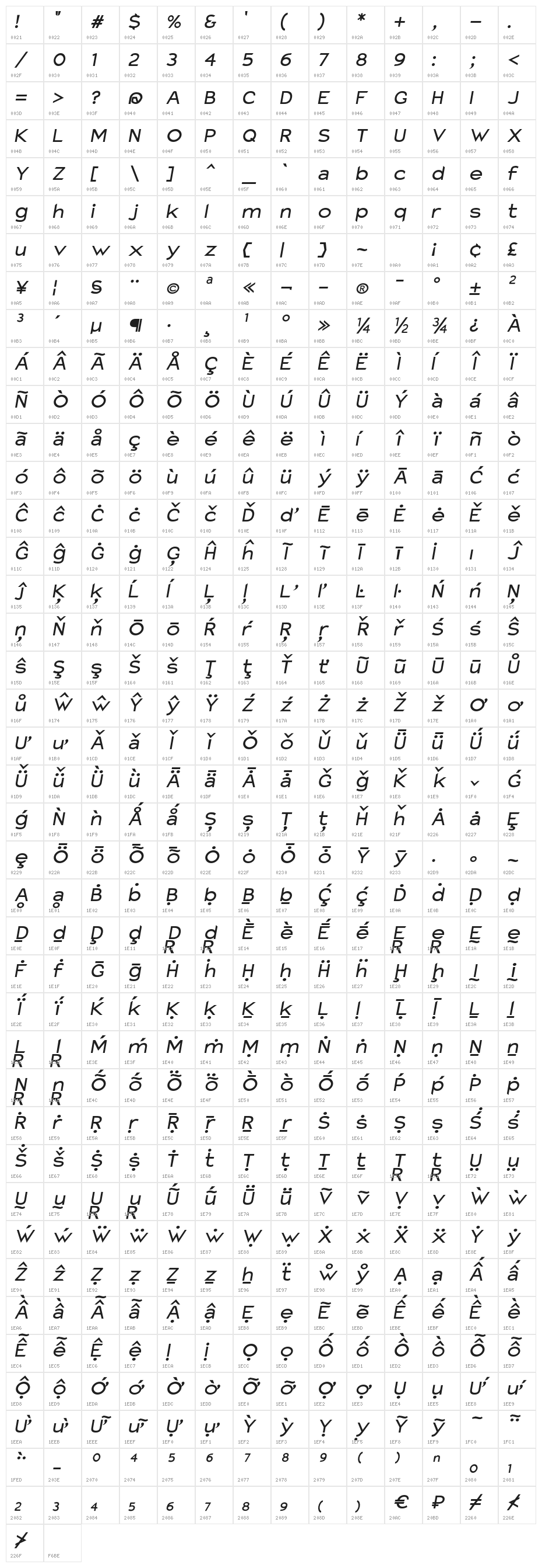Charger Monospace Extended Italic Character Map