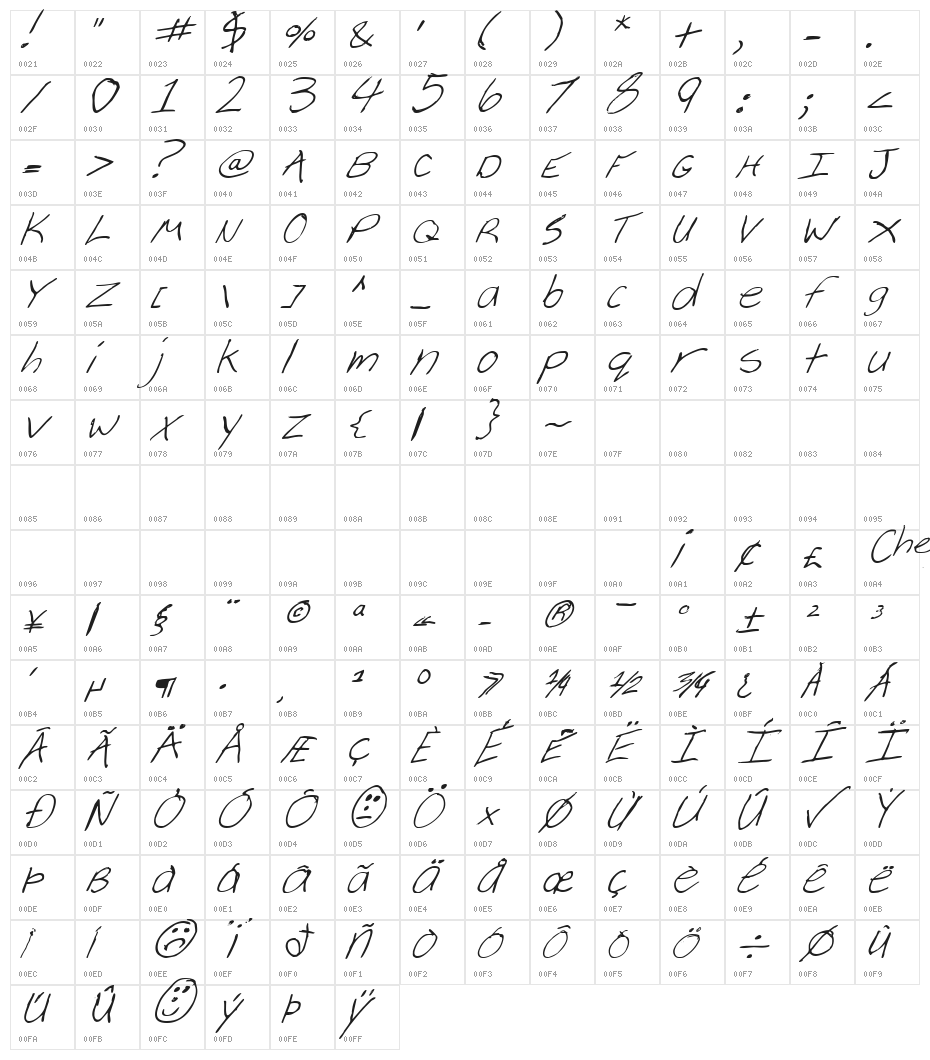 Cheyenne Hand Italic Character Map