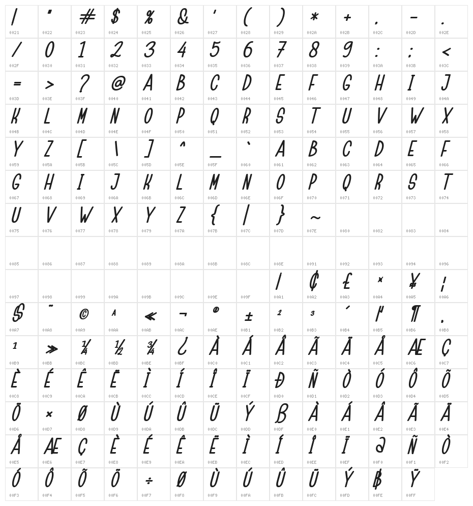 Childa Sans Bold Italic Character Map