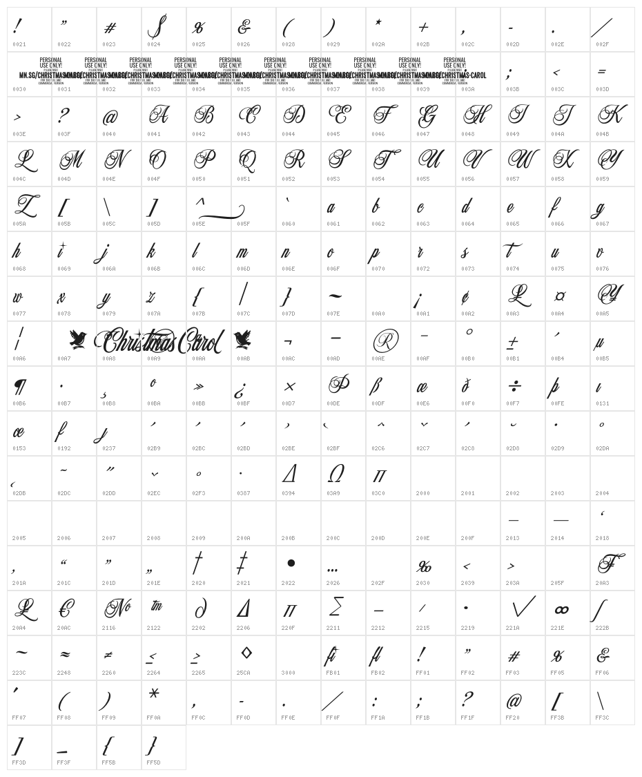 Christmas Carol PERSONAL Regular Character Map