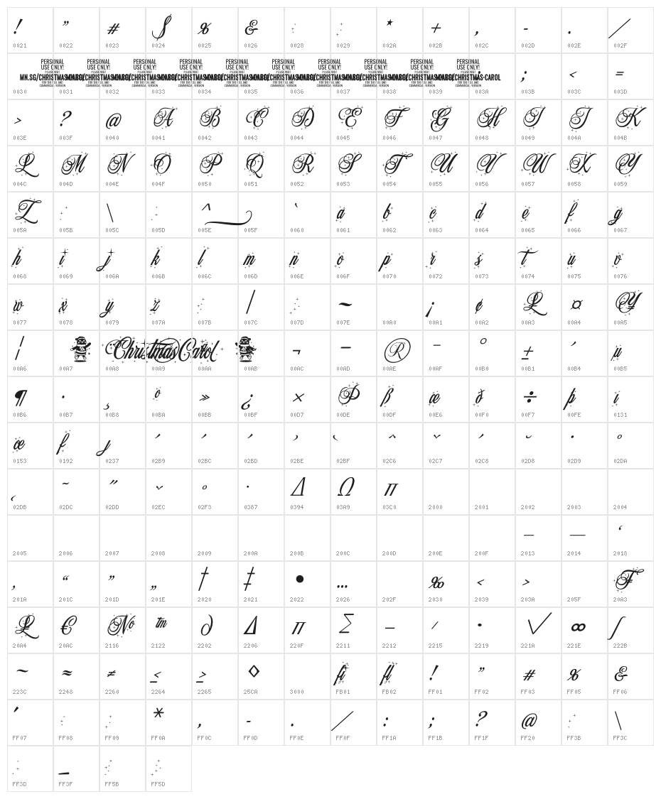 Christmas Carol Star PERSONAL Regular Character Map