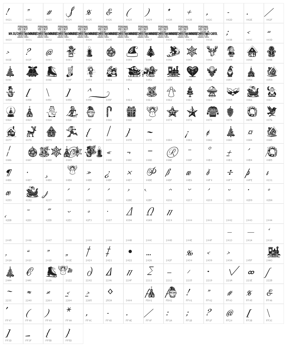 Christmas Carol Symbols Regular Character Map