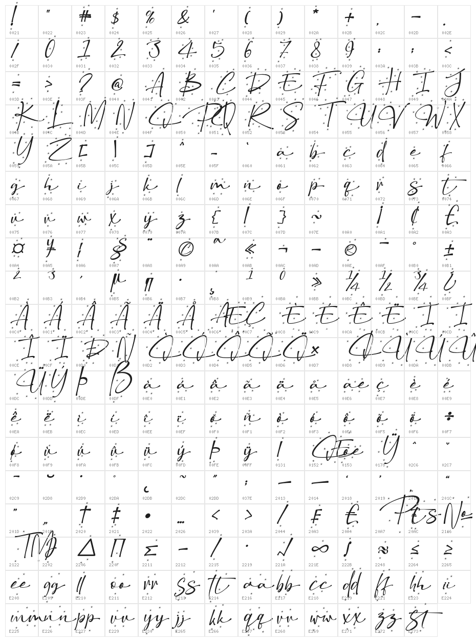 ChristmasSnowflake-Italic Character Map