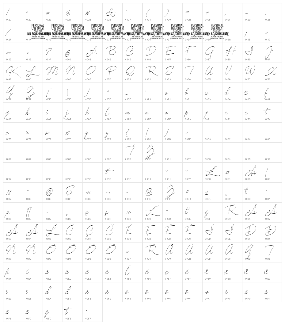 ChrysantePERSONALUSEThin Character Map