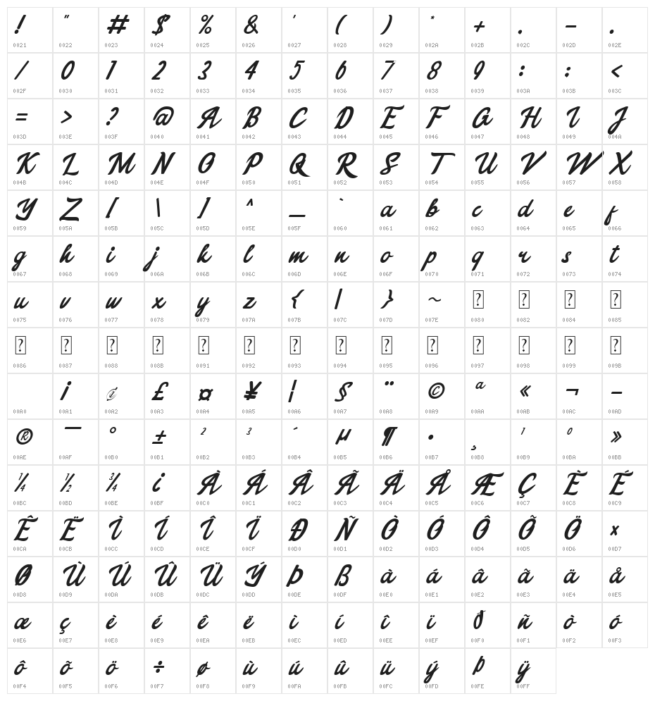 Cindy Julia Italic Character Map