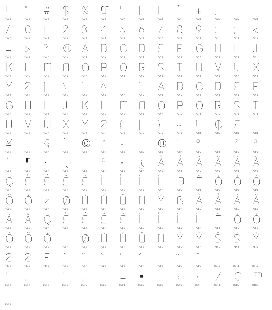 Cinga UltraLight Character Map