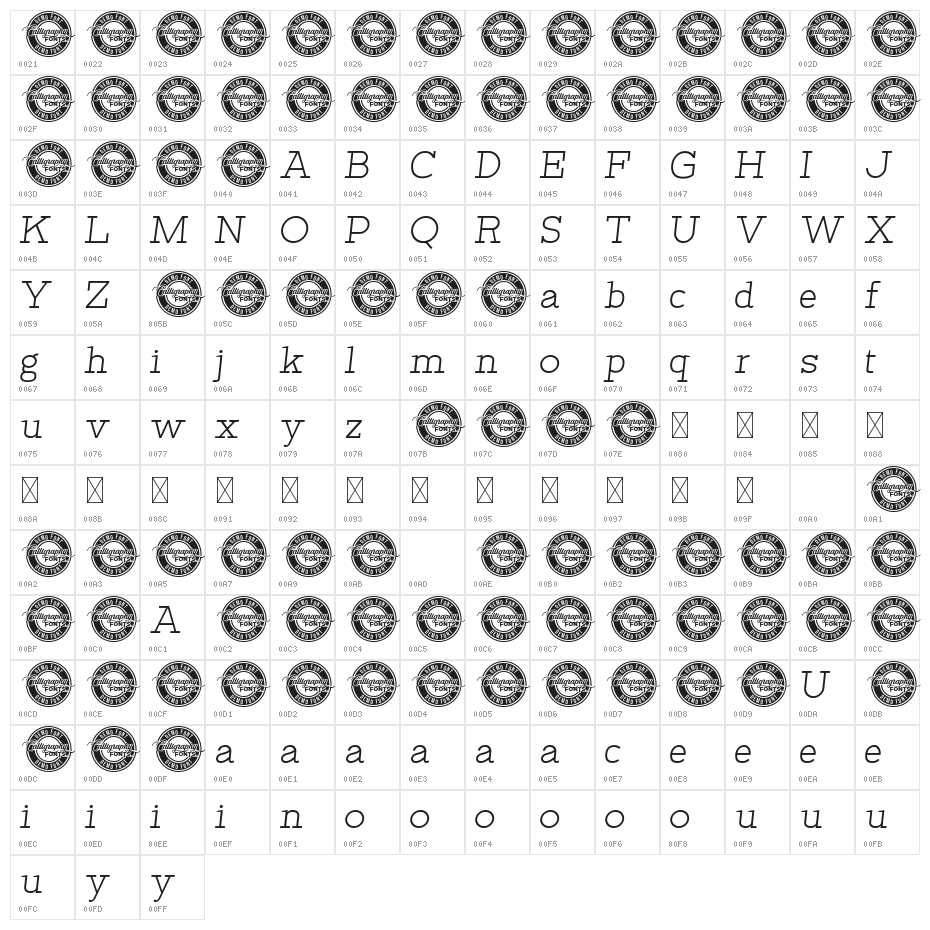 Clangorous Demo Italic Character Map