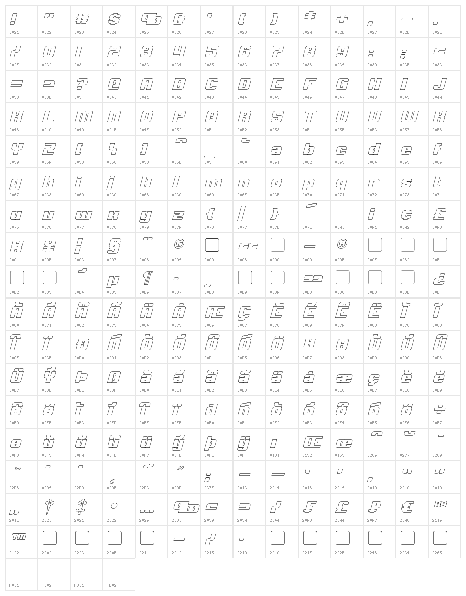 Clark Hollow Bold Italic Character Map