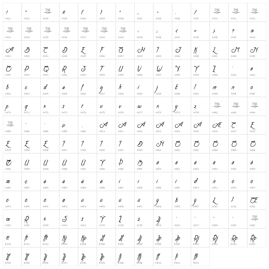 Clarraph Script Personal Use Regular Character Map