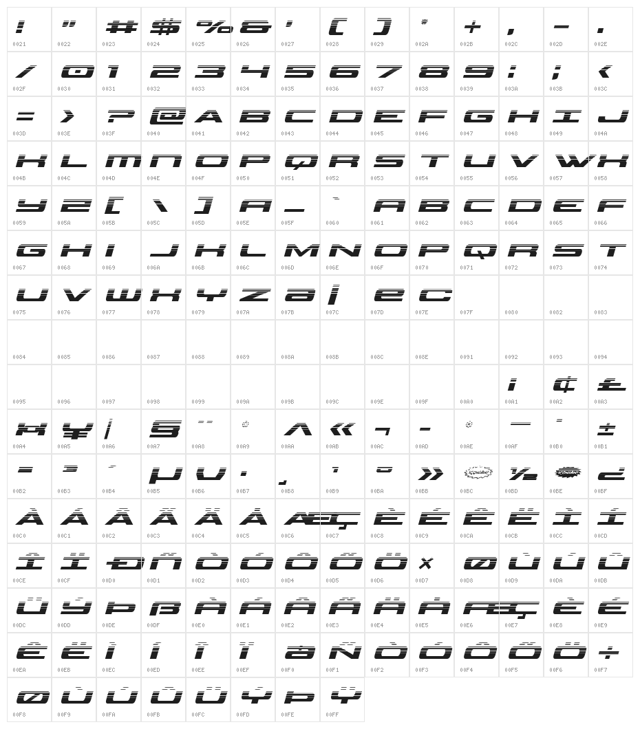 Classic Cobra Halftone Italic Character Map