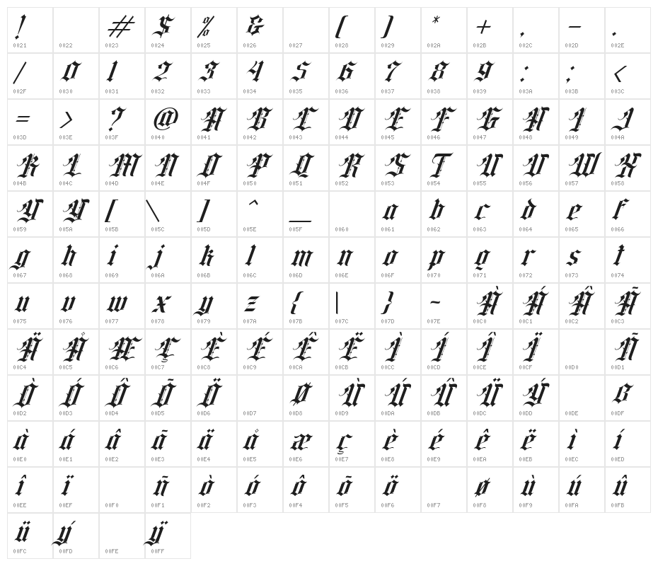 Classic rock band Italic Character Map