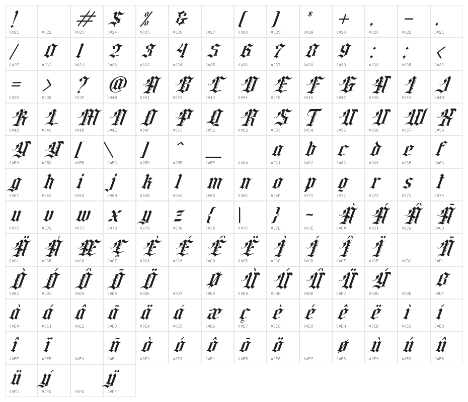 Classic rock band Italic Character Map