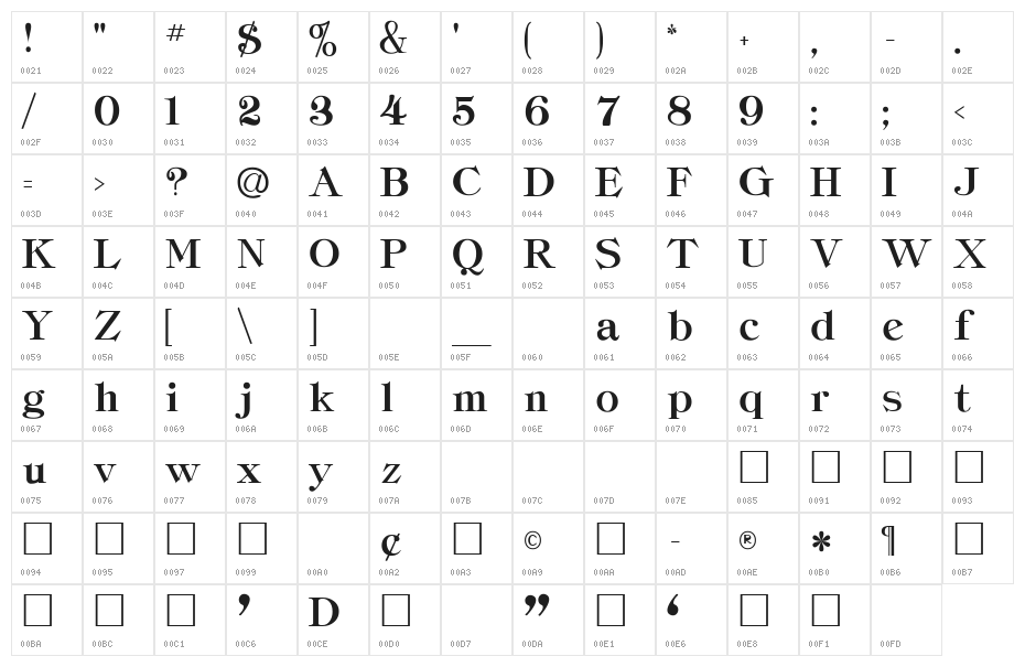 ClassicaHeavy Regular Character Map