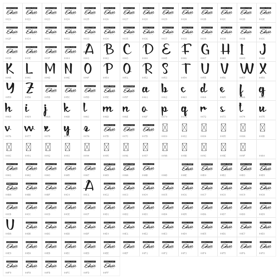 Classy Script Demo Character Map