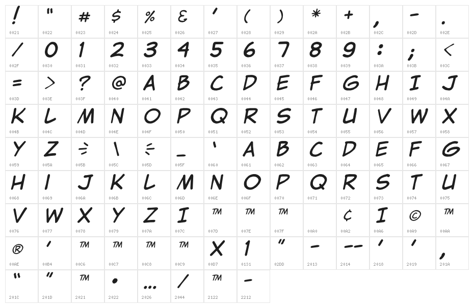 Clementine Italic Character Map